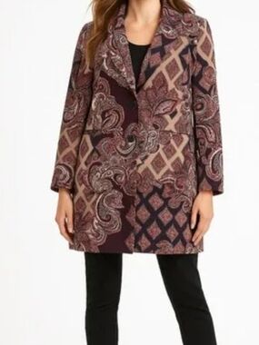Chicos Paisley Patterned Long Jacket in Plum Size 2 ( 12/14) Large